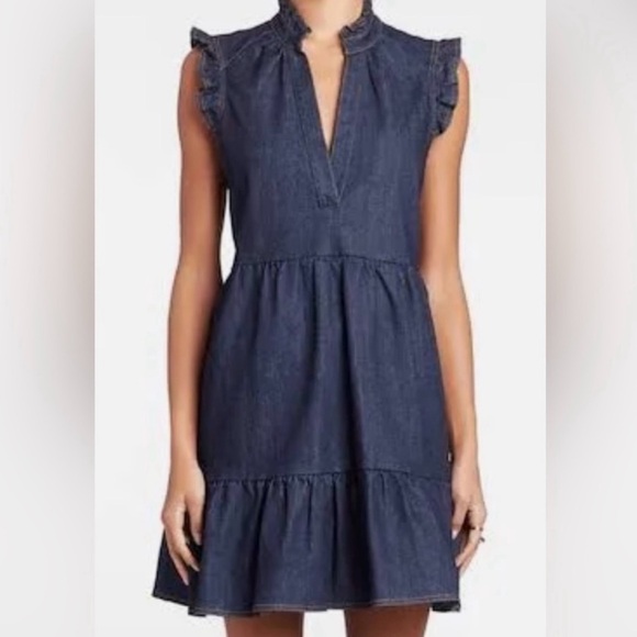 Amanda Uprichard Denim Mini Dress XS | Ruffle Tiered Hem V-Neck Summer Casual - Picture 4 of 5